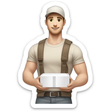 Pale skinned fit Man with dark brown hair in a beige cap, gray jeans, brown polo and white T-shirt keeping a pasted with tape white box into his hands sticker