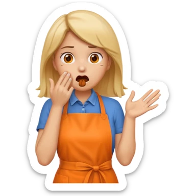 scared woman with her hands on her mouth, emoji style, more details, sideways pose, orange apron, different pose, different details sticker