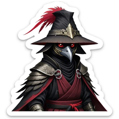 A fierce Kenku samurai with sleek black feathers, piercing crimson eyes glowing under the shadow of his straw hat. His sharp beak is partially covered by a black cloth mask, adding to his air of mystery. He wears layered black and crimson armor, intricate silver engravings etched into the metal plates. A long, tattered cloak billows behind him, worn from countless battles. His clawed hands grip the hilt of a curved katana, its polished blade reflecting the moonlight. Wisps of mist swirl around his taloned feet as he stands motionless sticker