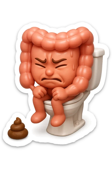 EMOJI STILE IPHONE 3D DI UN INTESTINO CHE sta seduto sul wc e davanti ha una montagnetta di feci a palline stile emoji iphone, fallo senza naso e FAGLI UN ESPRESSIONE di dolore mentre si sforza E FALLO MOLTO REALISTICO IN 3D sticker