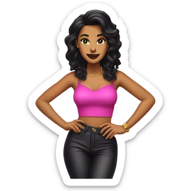 Tanned woman with black hair dressed in 1990s r&b hair, makeup, and neon attire  sticker