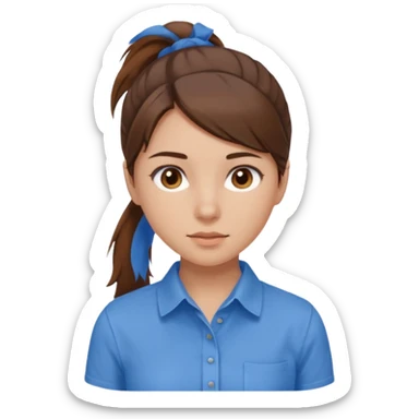 brown hair in a low pony tail with brown eyes girl blue shirt sticker