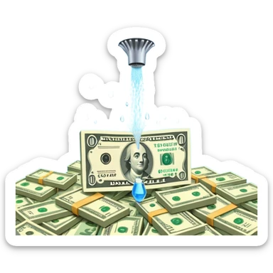 Sprinkler system shooting out streams of dollar bills, instead of water, clearly showing financial benefit sticker