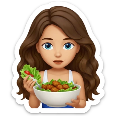 Girl with olive skin, blue eyes, brown dark insanely wavy long hair, white camisole. Eating a bowl of lettuce and chicken sticker