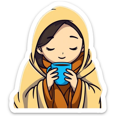 girl inside a blanket sipping coffee eyes closed sticker