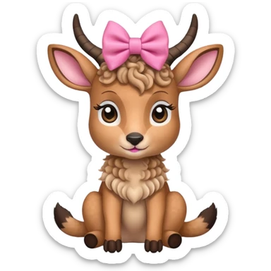 cute gazzelle with curly fur, sitting down, wearing a pink bow on its head. Realistically  sticker