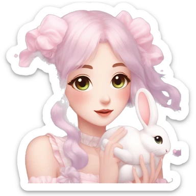 Gorgeous pastel anime style lady with blushing face and holding a bunny cottagecore fairycore pastelcore colorful pearly romantic simplistic aesthetic trending style sticker