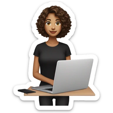 una chica de 24 años, con cabello castaño oscuros, mediano y rizado, con ojos marrones claros,vestida de camiseta y pantalón color negro, con una laptop en sus manos sticker