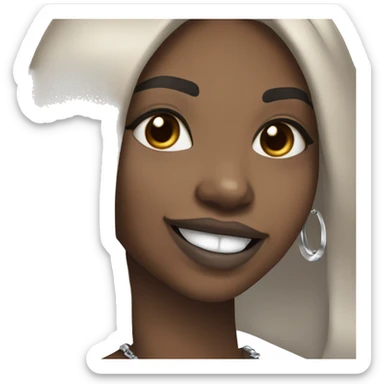 Smiling Black girl with long black straight hair and light brown lipstick with silver hoop earrings and and a silver necklace  sticker