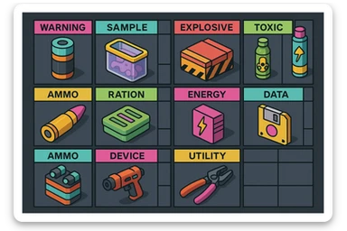 a virtual display, a gray grid with darker gray cells, each cell containing an item viewed in isometric minimalism render The cells have pastel neon colored labels in their upper corner, indicating various traits of the items. retrofuturism, circa 2880's.
The items are scientific and military in nature - varieties of munitions, scientific samples, rations, data storage, utilities. There are two arrays of grids, one left, one right. Each array has a few empty spaces at the bottom. "graphic realism." brutalism. the items are adorned in bright colors, neon-safety, early 90's pallete sticker