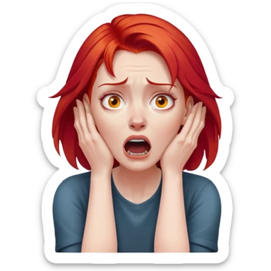 of a white woman with bright red hair, visibly distressed and clutching her neck with both hands, her face conveying a strong sense of panic and fear sticker