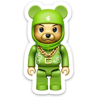 bearbrick toy with cubic head wearing a lime green balaclava covered in multiple brand logos graffiti style, with thick gold chains around neck, gold jewelry, aggressive eyebrows sticker