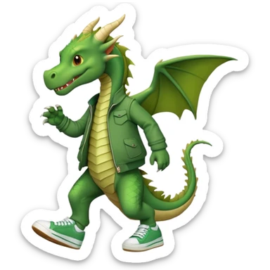 friendly anthropomorphised green dragon in a jacket and sneakers walking upright, relaxed pose sticker
