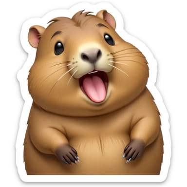 Cinematic Cute Yawning Capybara Portrait Emoji, Head tilted slightly with a dramatic, wide-open yawn, showcasing a plush, rotund body with a gently relaxed capybara face, including a short snout and subtly drooping ears, with drowsy, half-closed eyes rendered in exquisite detail; high shine, relaxed yet expressive, styled with a dash of playful natural charm, soft glowing outline, capturing the essence of a sleepy yet affectionate capybara that appears ready to stretch out for a peaceful nap! sticker