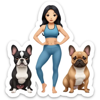 latin woman in a yoga outfit with long black hair standing alongside two French bulldogs  sticker