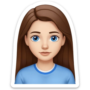 A pretty white girl with long brown hair dark eyebrows and braces and blue eyes wearing a white shirt sticker