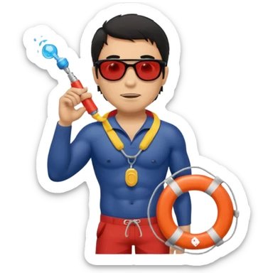 Dark Tan Muscular lifeguard without shirt with messy black hair with sunglasses, with whistle with life preserver sticker