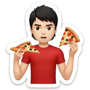 generate a pretty fair bratz boy with a messy mullet (black hair), wearing a red tshirt. eating pizza. He has big biceps sticker