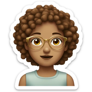 Girl with gray bule eyes and Chestnuts brown Slightly curly hair and a round gold glasses  sticker