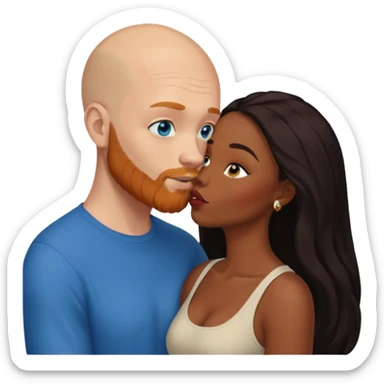 Bald white male with ginger beard and blue eyes kissing African American dark brown woman with long black hair sticker