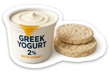 Yogurt Greco 2%
Miele (senza il cucchiaio di legno)
Gallette di Riso
vista frontale, iperrealistico 4k sticker