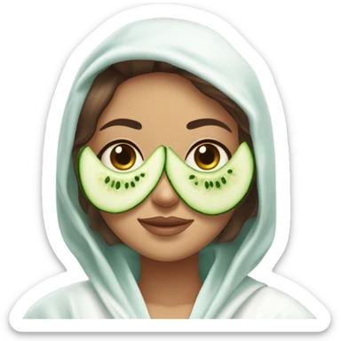 Girl with freackles Brown hair white skin and blue eyes wears Green colored  skin care mask while She relaxes and two round piece cucumber on her closed eyes In a white Robe sticker