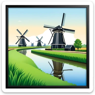 cinematic-realistic-kinderdijk-windmills-landmark-emoji,-showcasing-traditional-dutch-windmills-aligned-along-a-tranquil-canal,-with-lush-green-fields in a picture frame sticker