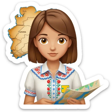 A Ukrainian girl with brown hair wearing an embroidered shirt holds a map of Ukraine sticker