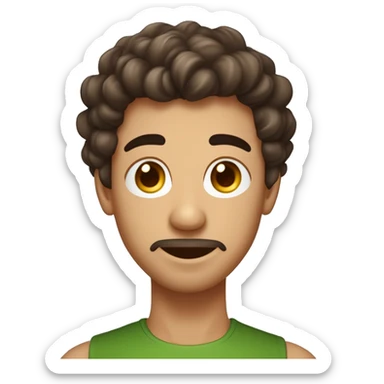 Sexe masculin. Cheveux brun foncé clair, bouclés, qui descendent jusqu'aux oreilles. Teint clair. Yeux marron vert. Visage ovale avec un léger bouc. Expression légèrement sérieuse avec sourcils froncés. Ajoute des AirPods. sticker