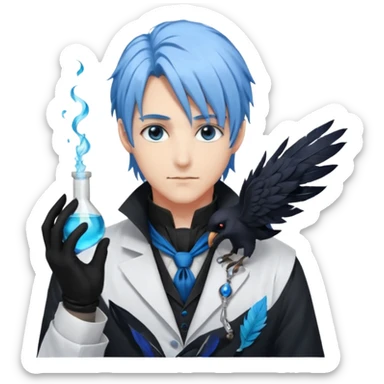 Alchemist handsome anime man with light-blue beautiful hair, handsome sexy, long hair tendril bangs down on the sides, white lab coat, blue cravat, black feathers on shoulder, raven companion, black gloves, red eyes sticker