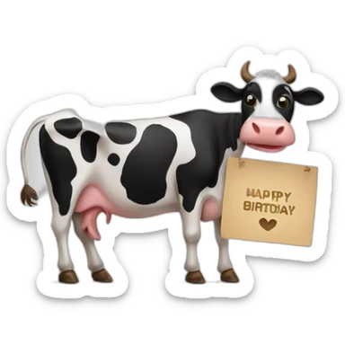cow holding a sign that has “Happy Birthday Priya” sticker