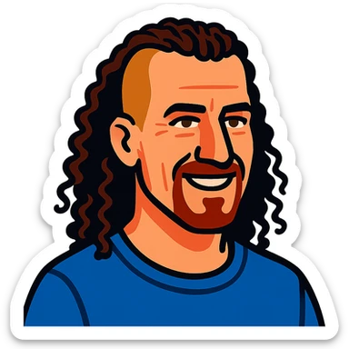 vibrant toon style white man in his 40s, long tight curly hair with short sides, no background sticker