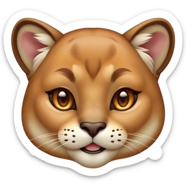 Cinematic Cute Cougar Portrait Emoji, Head tilted playfully and inquisitively, featuring a glossy, tawny Fur with delicate dark markings and round, sparkling amber eyes filled with curious mischief, Simplified yet irresistibly adorable features, highly detailed, glowing with a warm, friendly glow, high shine, affectionate and agile, stylized with a touch of wilderness whimsy, bright and endearing, soft glowing outline, capturing the essence of a mischievous yet loving cougar, so playful it feels like it could prowl out of the screen and into your arms! sticker
