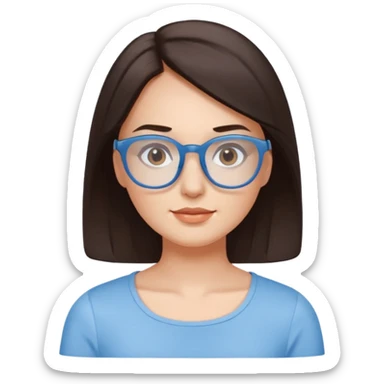 mujer de 30 años, cabello marron oscuro, ANTEOJOS CELESTE BLANCOS, top celeste escote cuadrado, piel blanca, cara redonda sticker