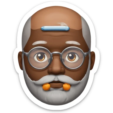 African american male, bald, salt and pepper beard. Round face, glasses sticker