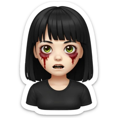 A zombie girl in Apple Memoji format with long, straight black hair with bangs, wearing a black shirt. sticker