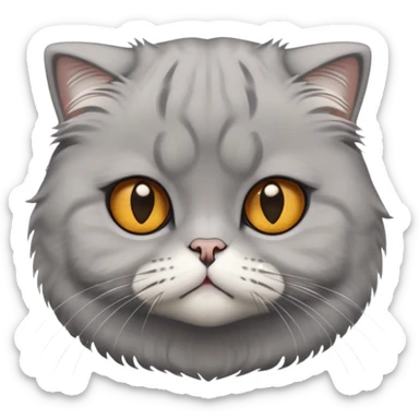 Cinematic-Fluffy-Grey-Scottish-Fold-Cat-Portrait-Emoji – Head tilted cutely with big, sparkling amber eyes, soft solid grey fur, and signature small folded ears pressed gently against its round head, simplified yet irresistibly adorable features, highly detailed, glowing with a soft and warm charm. sticker