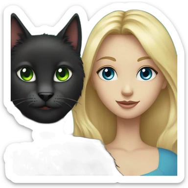 a black fluffy cat with blue eyes holds a blonde girl with green eyes sticker