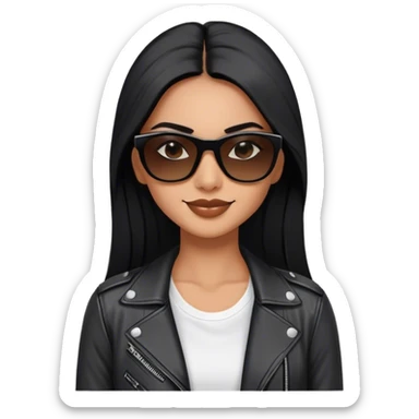 beautiful fit woman, with long straight black hair, with make up, black eye liner, smile mooth close, mexican, brown skin, wearing white tee, wearing leather black jacket, solar black wayfarer on the tip of the nose sticker