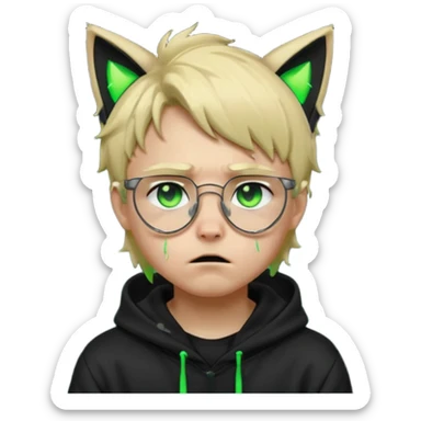 A blond hacker boy with black glasses and a black hoodie with neon green cat ears, cyberpunk style, crying expression, glowing green eyes with tears, soft neon lighting sticker