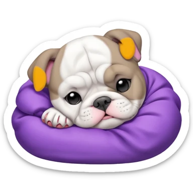 grey white bulldog puppy sleeping with a purple collar on sticker