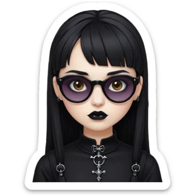 Faça uma moça de cabelo preto micro franja e penteado gótico pálida e com maquiagem gótica pesada olhos castanhos escuro e óculos de sol  sticker