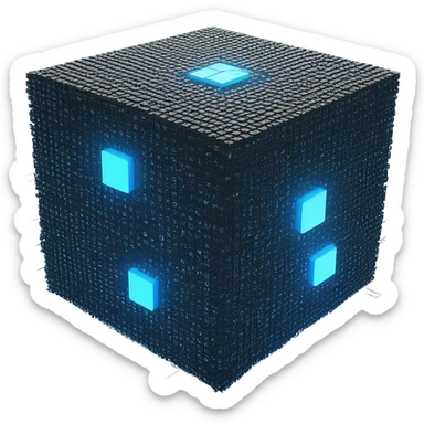three-dimensional digital cube, intricately designed with a myriad of smaller binary (0s) and (1s). This cube is illuminated with a radiant blue glow, emanating a sense of blockchain and technology. Surrounding the cube are streams of binary numbers sticker