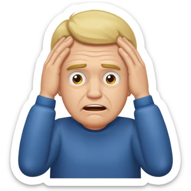 A white man sits at his desk, clutching his head in his hands. sticker