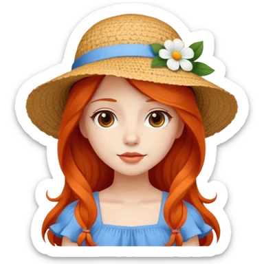 girl_wearing_summer_hat, white flower on hat, red orrange long hair, blue dress sticker
