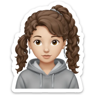 Woman, curly brown hair, hoodie, white pony tail sticker