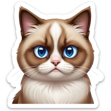 Cinematic Meme-Worthy Grumpy Snowshoe Cat Portrait Emoji, Head held high but eyes filled with dramatic disappointment, soft brown fur, white paws planted firmly in defiance, signature grumpy cat frown perfectly etched on its face, icy-blue eyes radiating pure disapproval, Simplified yet hilariously over-exaggerated features, highly detailed, glowing with an aura of supreme annoyance, high shine, exhausted yet judgmental, stylized with an almost regal pettiness, bright but brooding, soft glowing outline, capturing the essence of a feline that has seen it all and is thoroughly unimpressed, so meme-worthy it feels like it could instantly become the next viral sensation of grumpiness! sticker