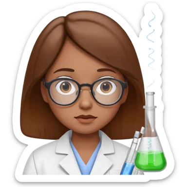 Portrait of a young scientist wearing a white lab coat, glasses, holding a test tube, curious expression sticker