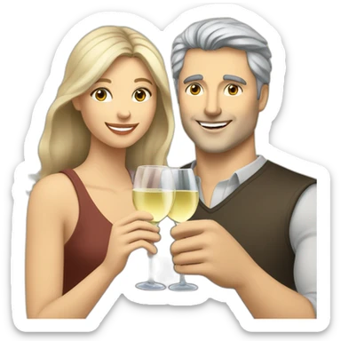 caucasian woman with brown eyes and blond medium long hair and a caucasian man with blue eyes and grey hair, toasting with a glass of white wine sticker