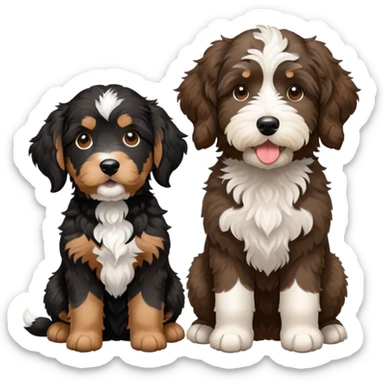 2 dogs: one light brown Aussiedoodle, one all-black Bernedoodle with white eyebrows some white markings, no brown coloring. Both same size. sticker